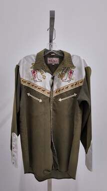 Tejas Vintage Embroidered Western Pearl Snap Shirt Cowboy Boots Horses Size 40
